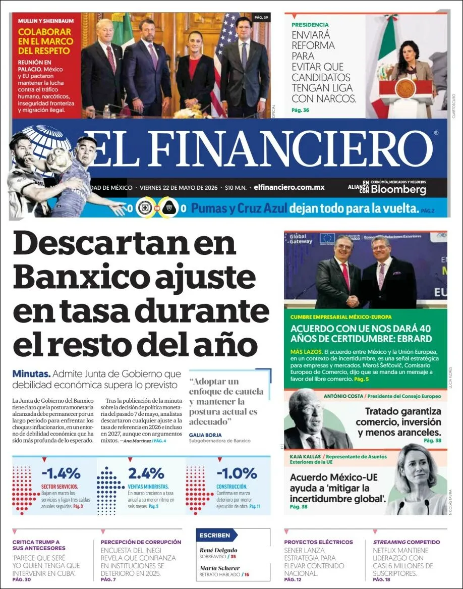 Portada de El Financiero del viernes, 22 de mayo de 2026