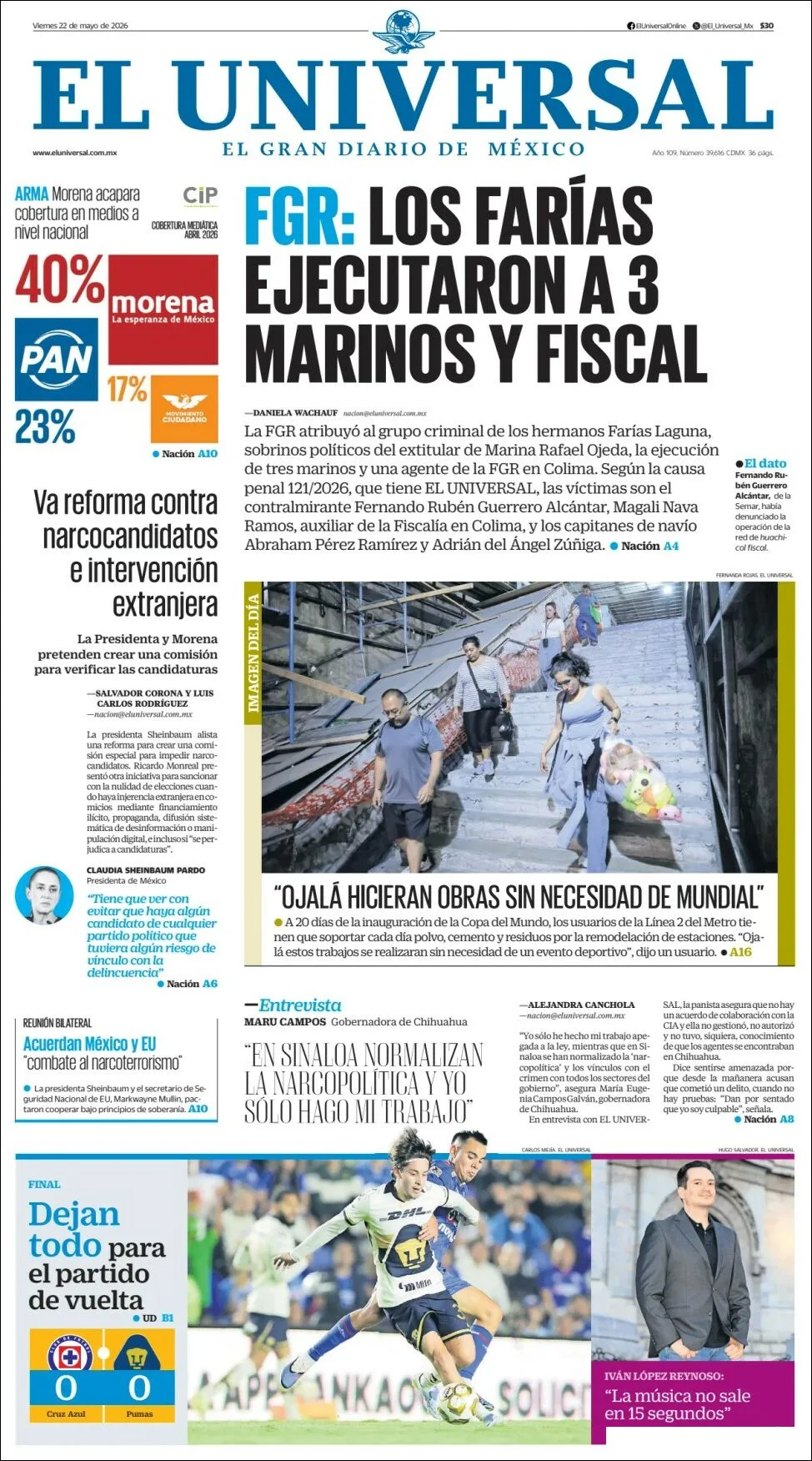 Portada de El Universal del viernes, 22 de mayo de 2026
