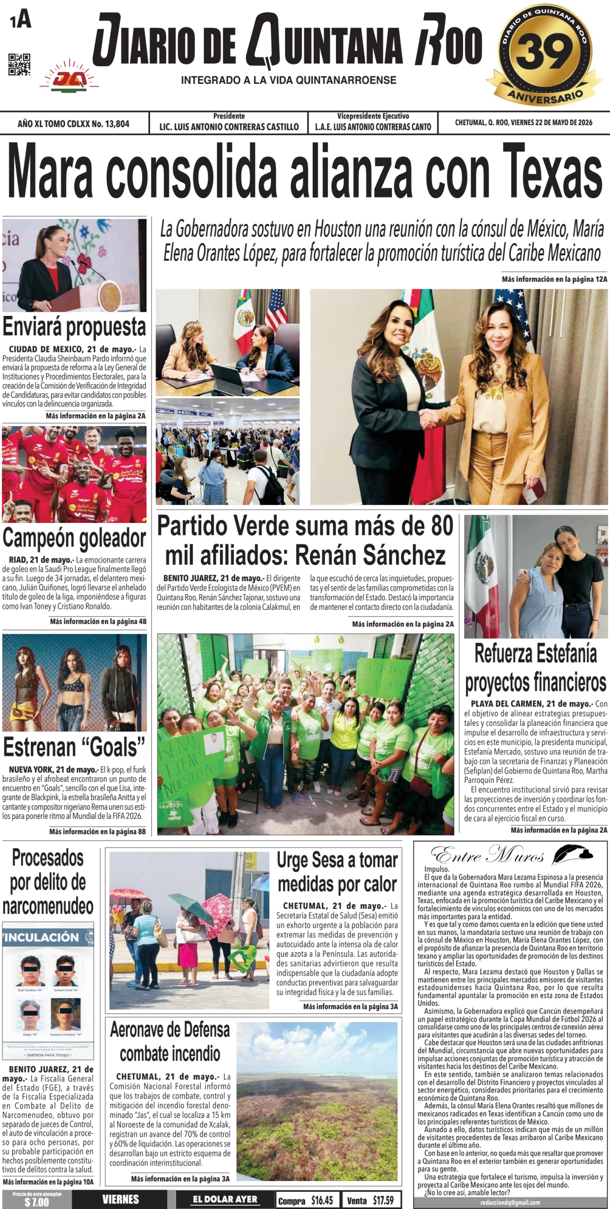 Portada de Diario de Quintana Roo (portada) del viernes, 22 de mayo de 2026