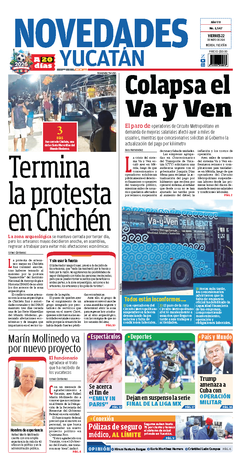 Portada de Novedades Yucatan del viernes, 22 de mayo de 2026