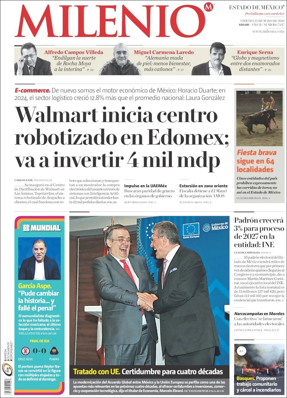 Portada de Milenio Edo de Mexico del viernes, 22 de mayo de 2026