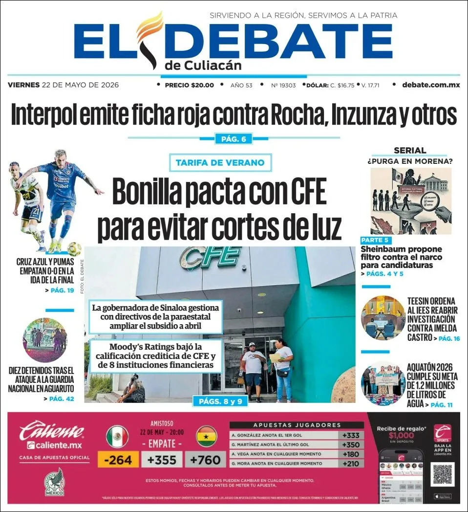 Portada de El Debate de Culiacan del viernes, 22 de mayo de 2026