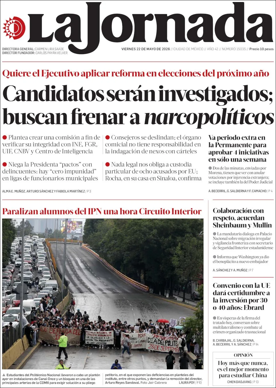 Portada de La Jornada del viernes, 22 de mayo de 2026