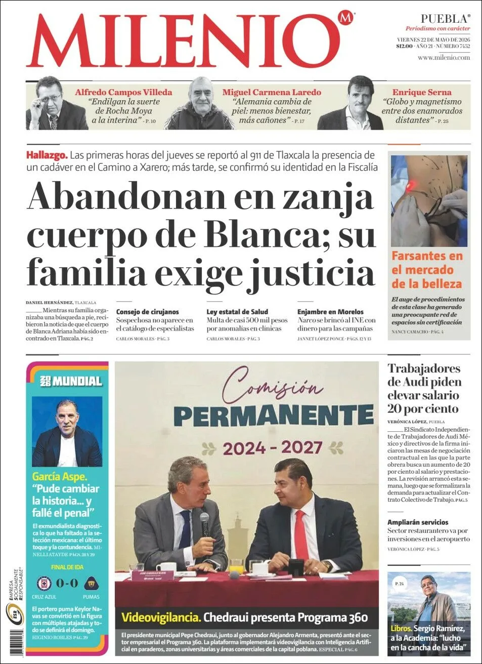 Portada de Milenio Puebla del viernes, 22 de mayo de 2026