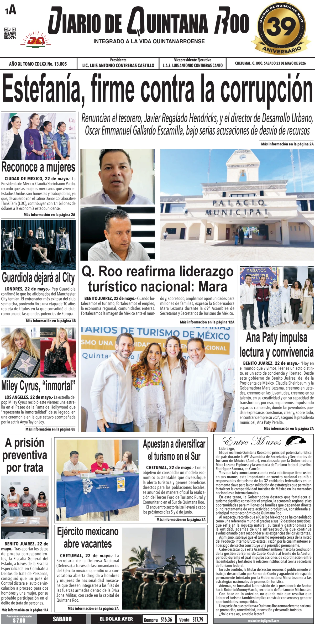 Portada de Diario de Quintana Roo (portada) del sábado, 23 de mayo de 2026