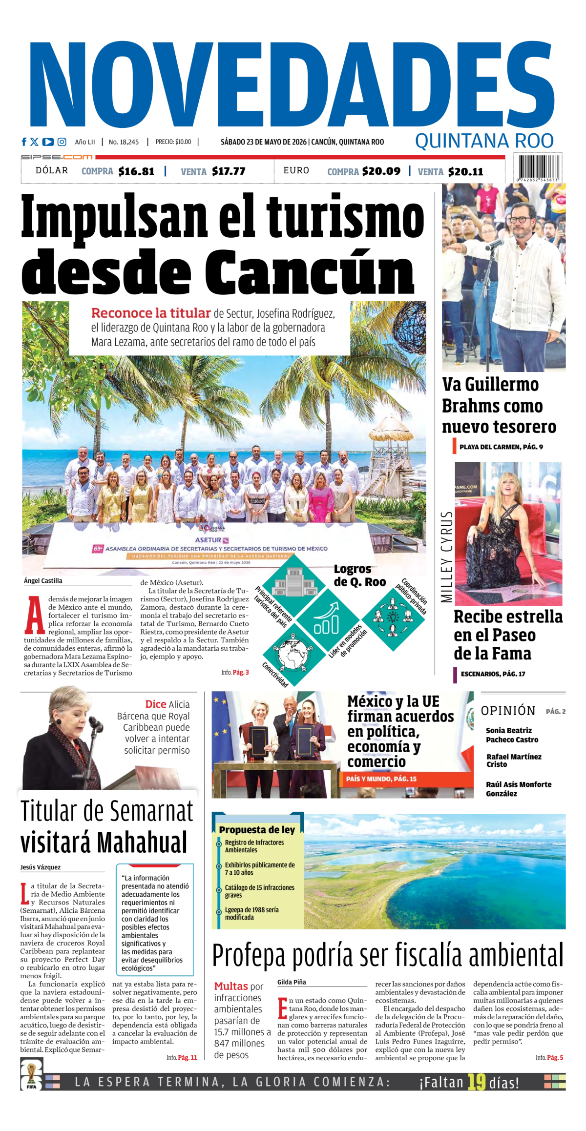 Portada de Novedades Quintana Roo del sábado, 23 de mayo de 2026