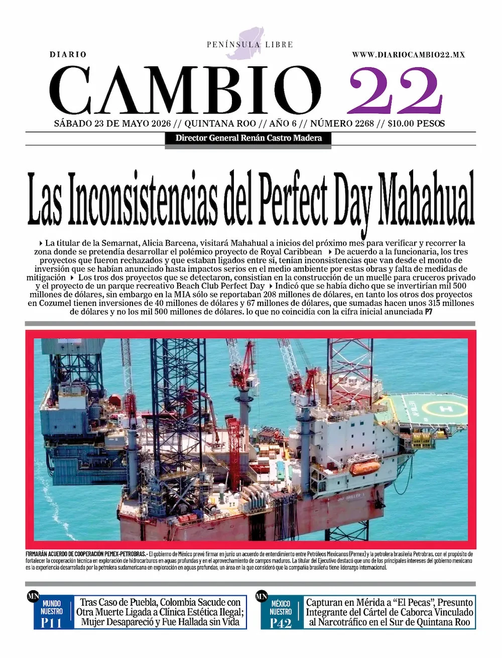 Portada de Diario Cambio 22 (contraportada) del sábado, 23 de mayo de 2026