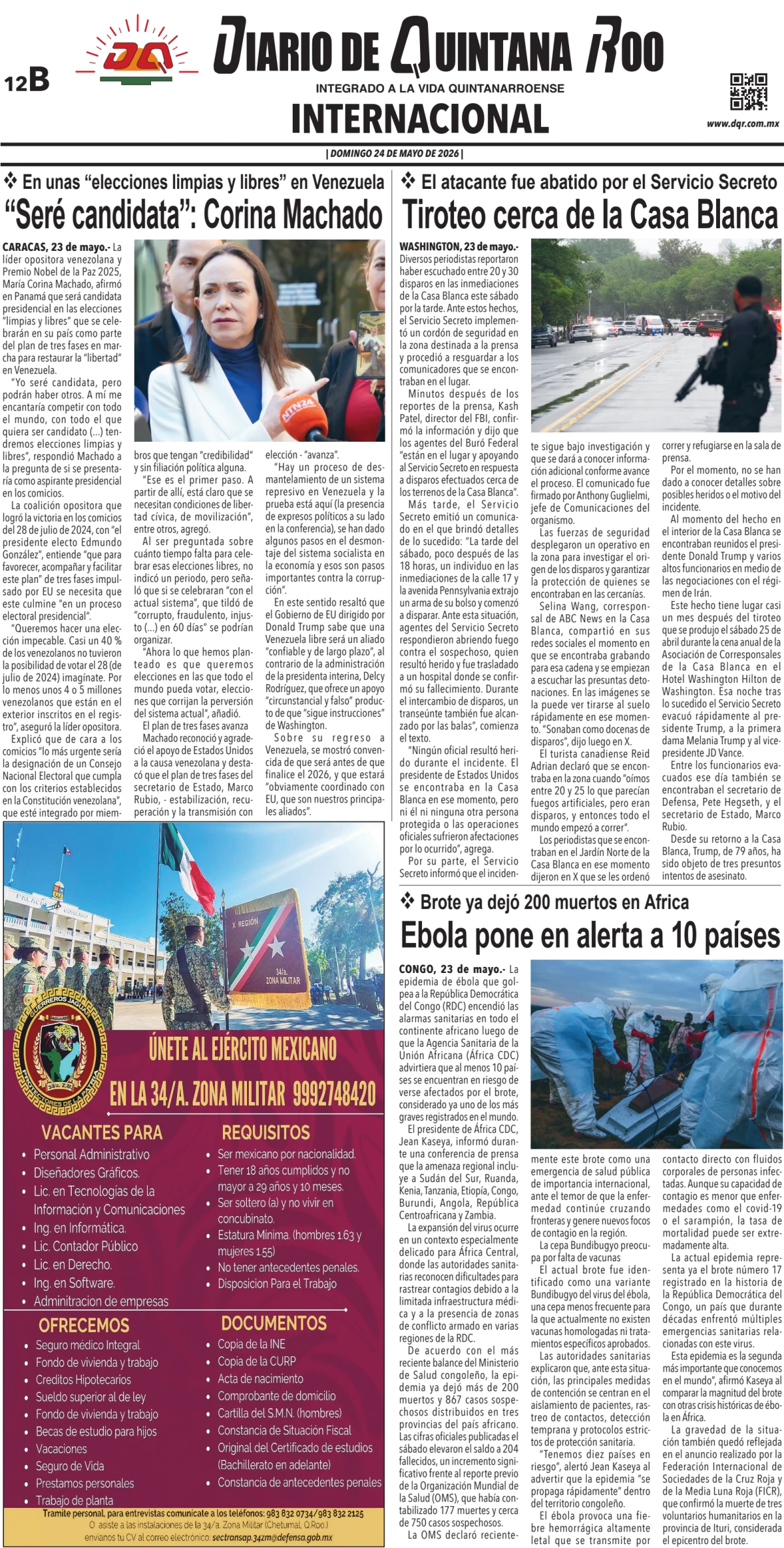Portada de Diario de Quintana Roo (contra Portada) del domingo, 24 de mayo de 2026