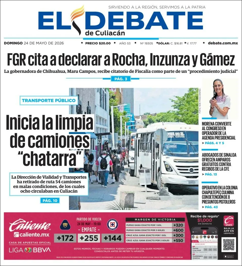 Portada de El Debate de Culiacan del domingo, 24 de mayo de 2026