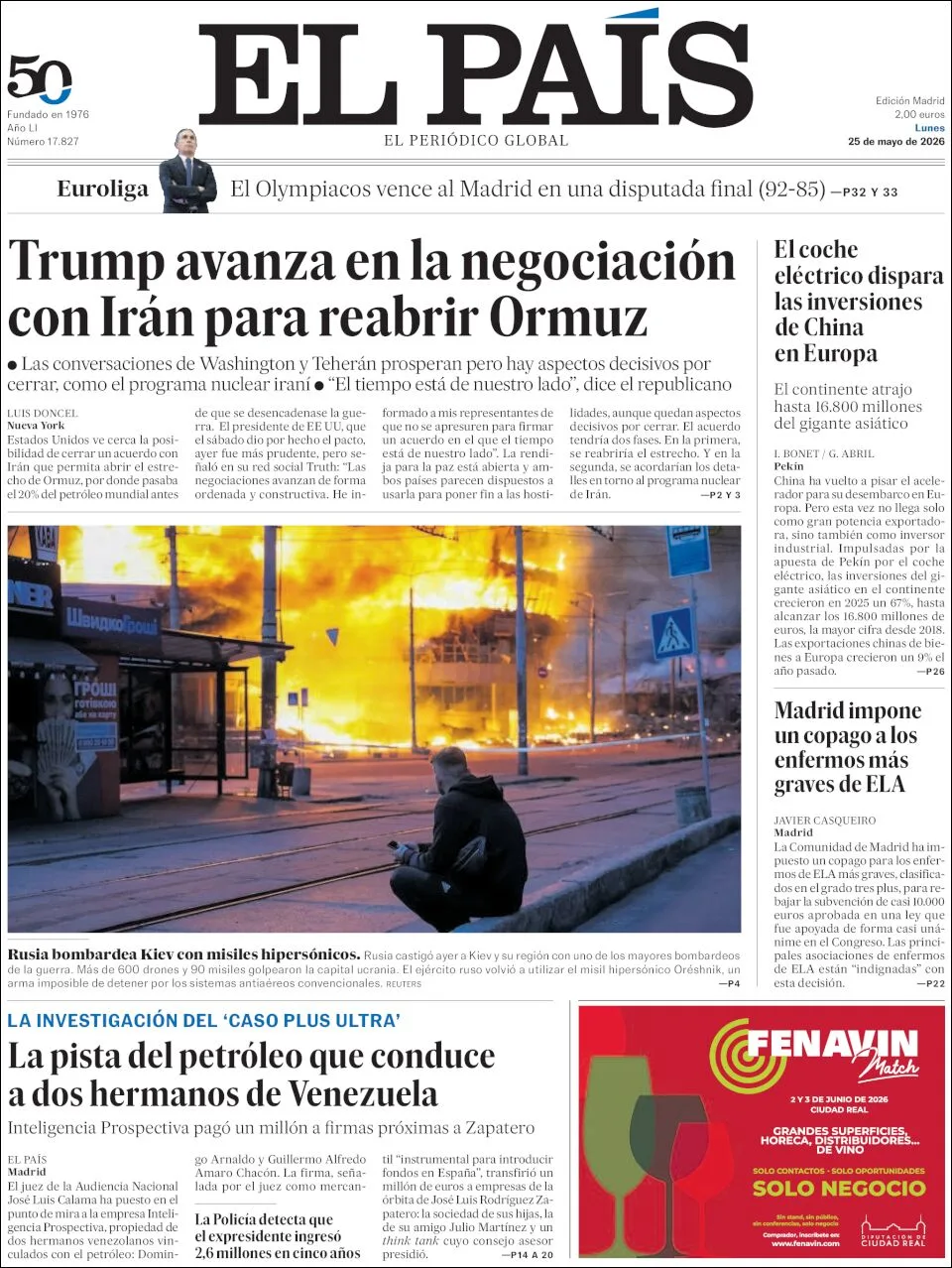 Portada de El Pais del lunes, 25 de mayo de 2026