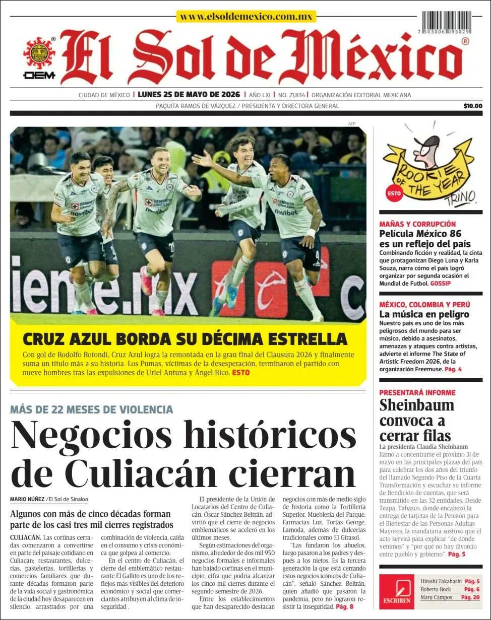 Portada de El Sol de Mexico del lunes, 25 de mayo de 2026