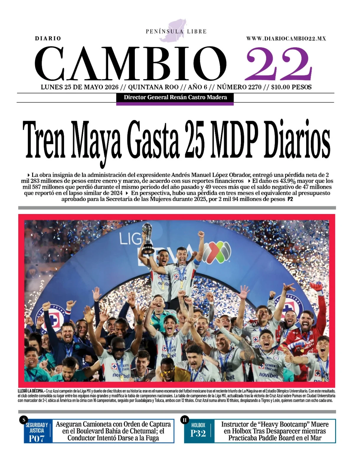 Portada de Diario Cambio 22 (portada) del lunes, 25 de mayo de 2026
