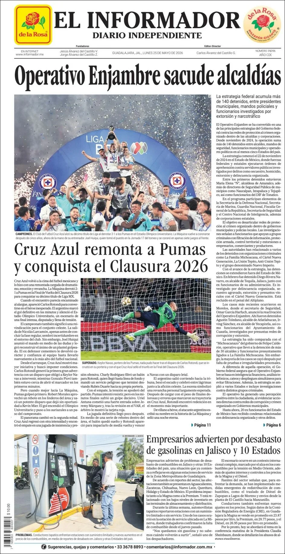 Portada de El Informador del lunes, 25 de mayo de 2026