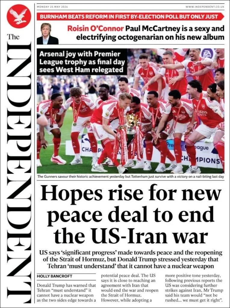 Portada de The Independent del lunes, 25 de mayo de 2026