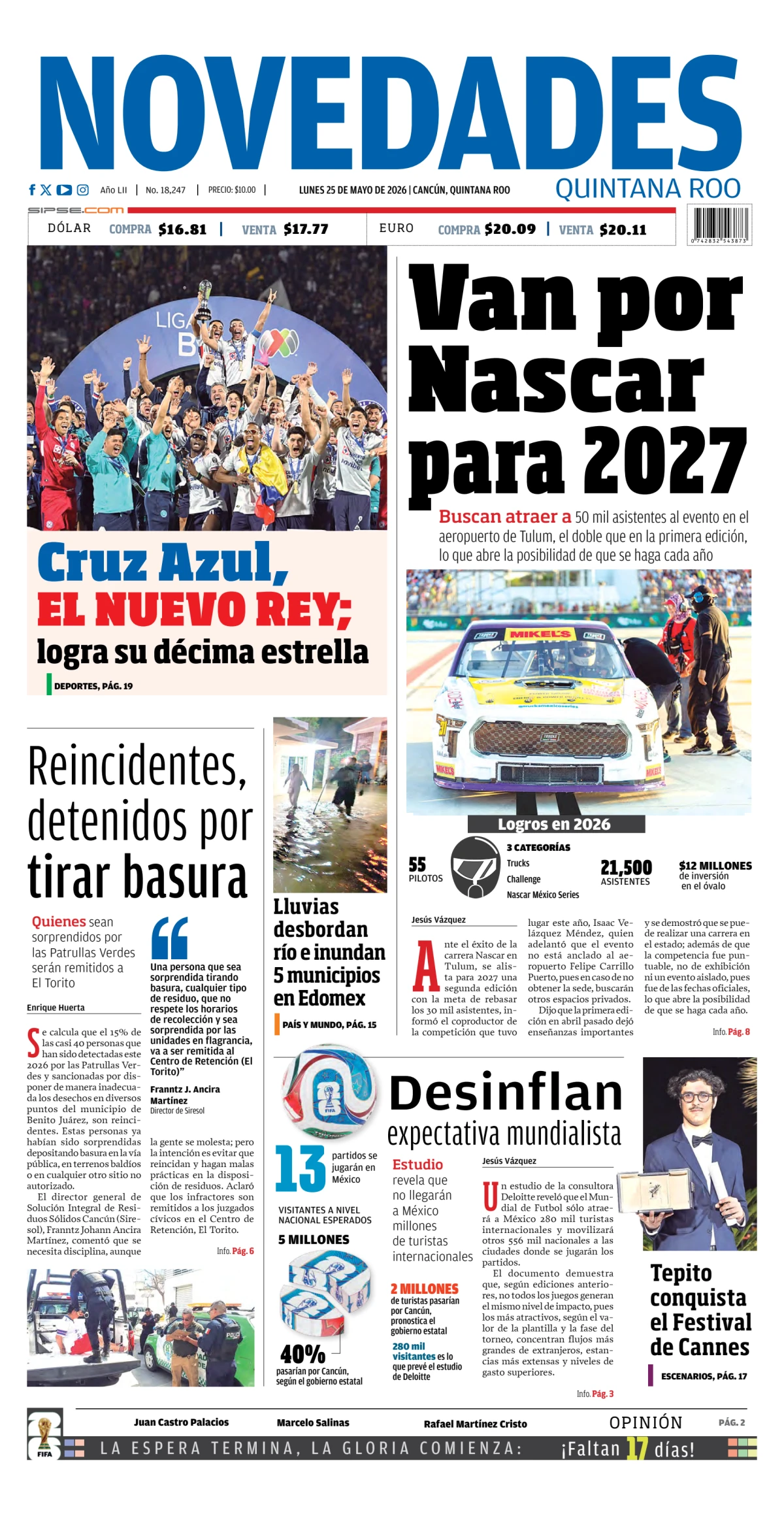 Portada de Novedades Quintana Roo del lunes, 25 de mayo de 2026