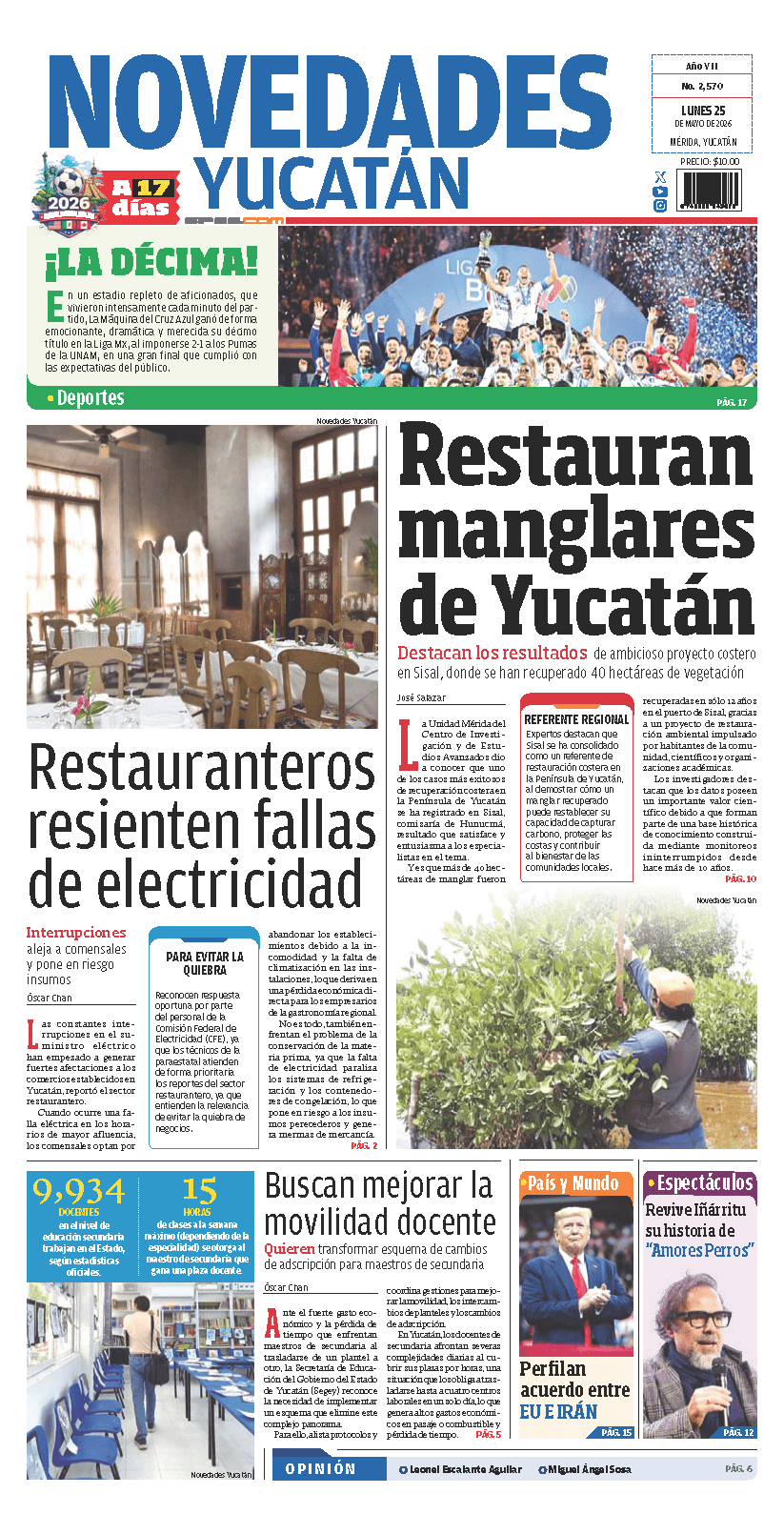 Portada de Novedades Yucatan del lunes, 25 de mayo de 2026