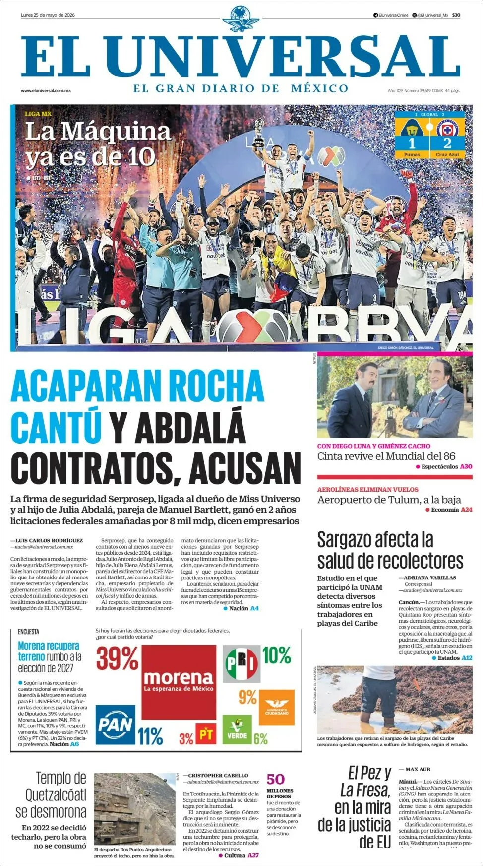 Portada de El Universal del lunes, 25 de mayo de 2026
