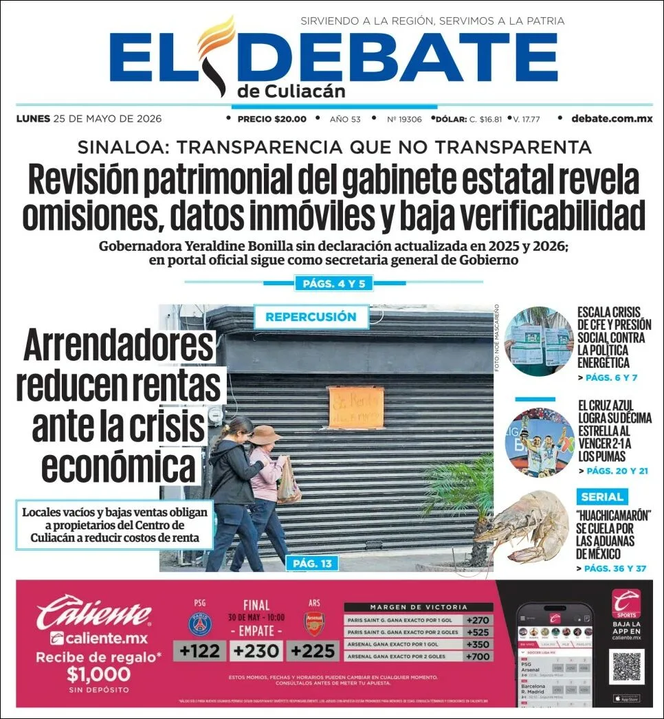 Portada de El Debate de Culiacan del lunes, 25 de mayo de 2026