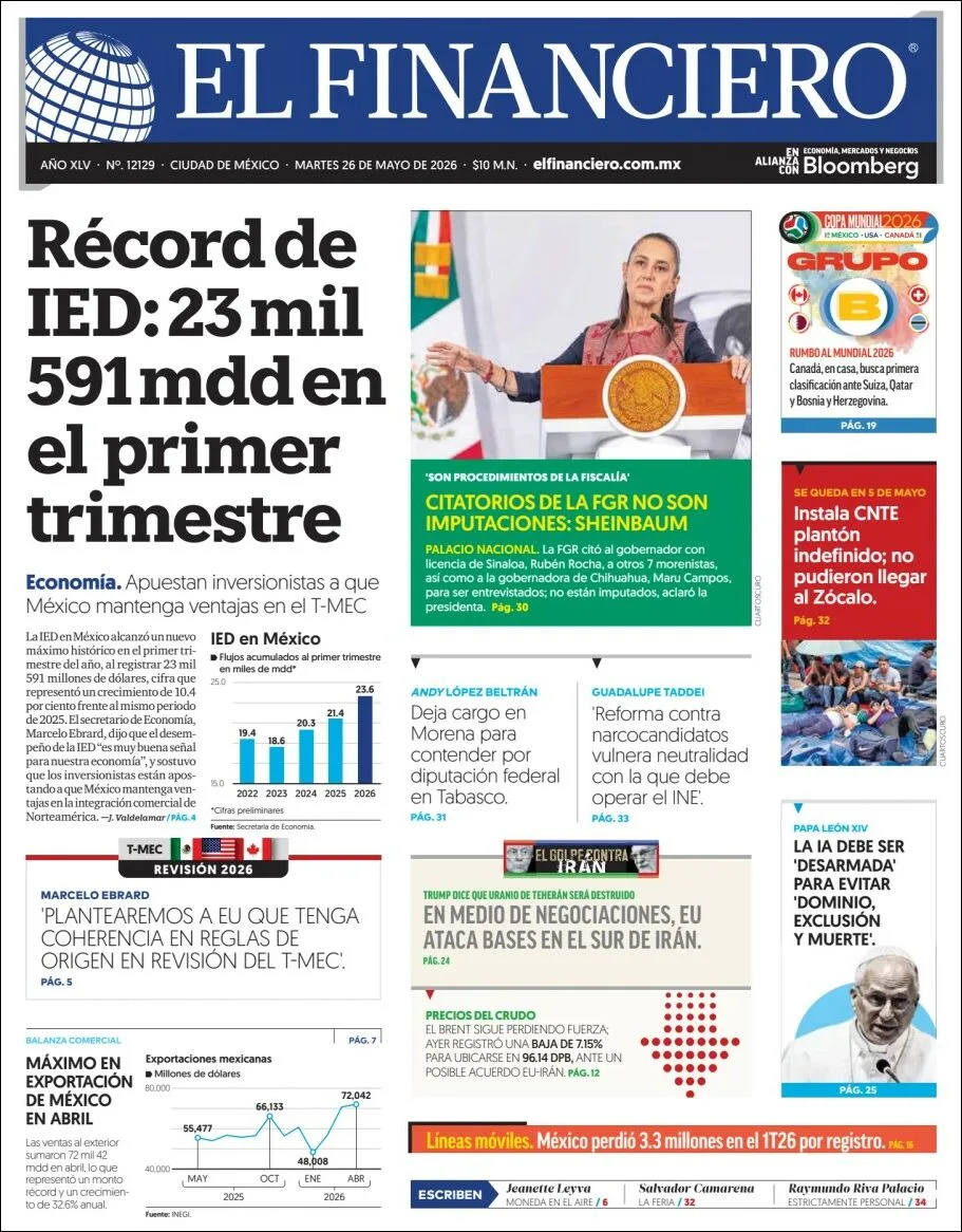 Portada de El Financiero del martes, 26 de mayo de 2026