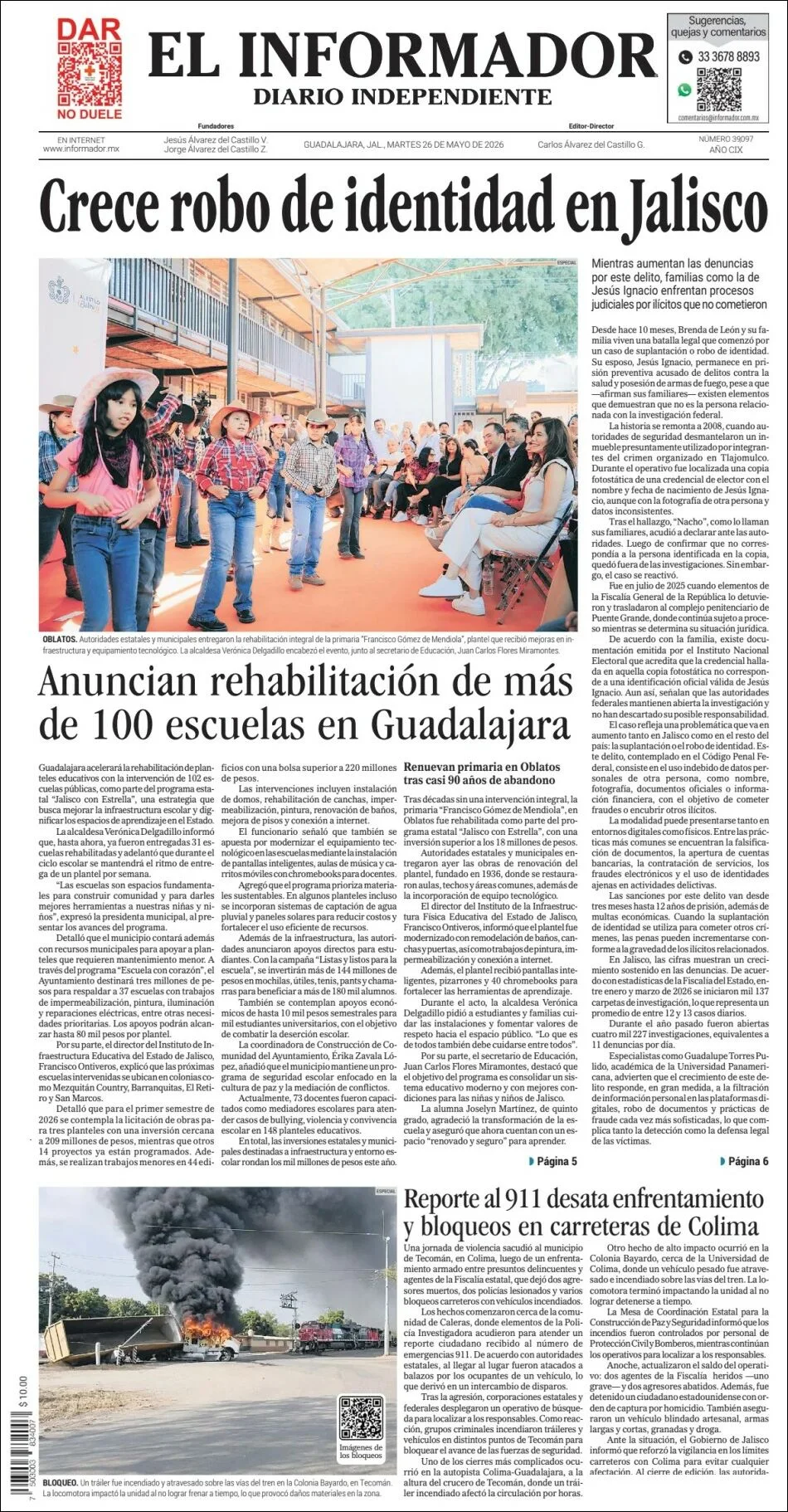 Portada de El Informador del martes, 26 de mayo de 2026