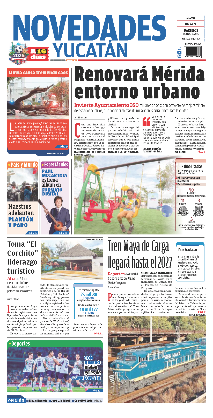 Portada de Novedades Yucatan del martes, 26 de mayo de 2026