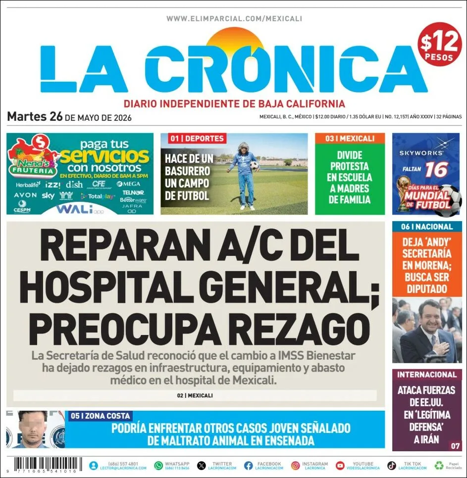 Portada de La Cronica del martes, 26 de mayo de 2026