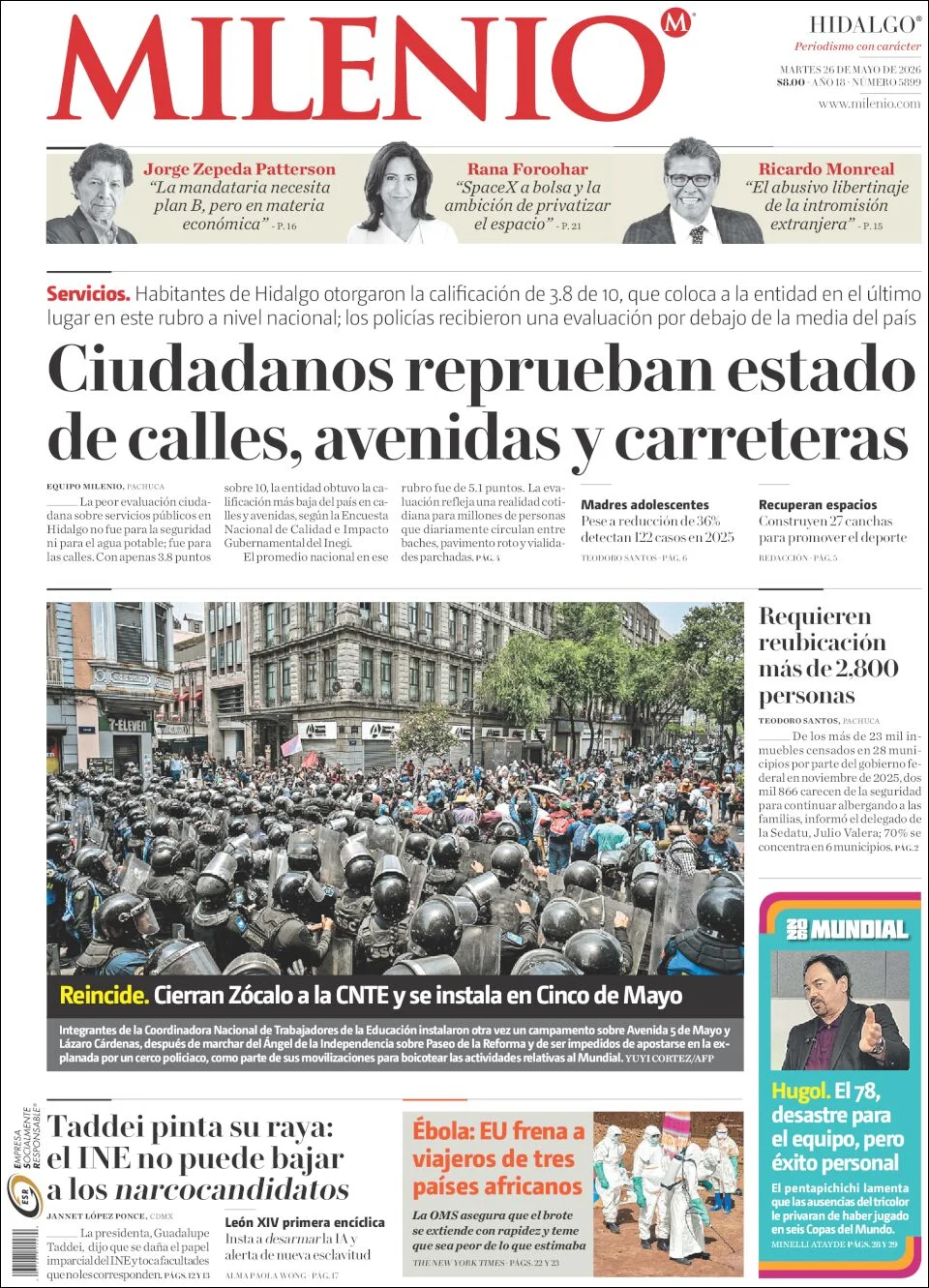 Portada de Milenio Hidalgo del martes, 26 de mayo de 2026