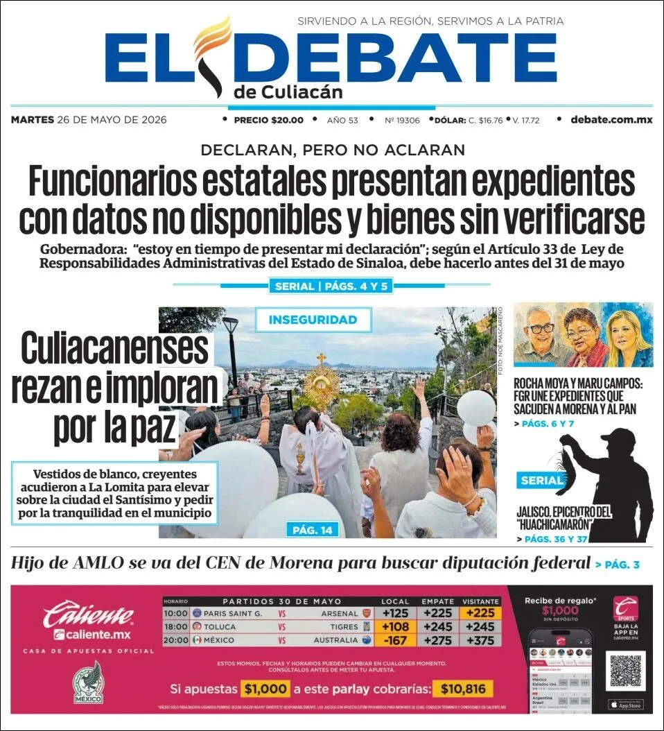 Portada de El Debate de Culiacan del martes, 26 de mayo de 2026