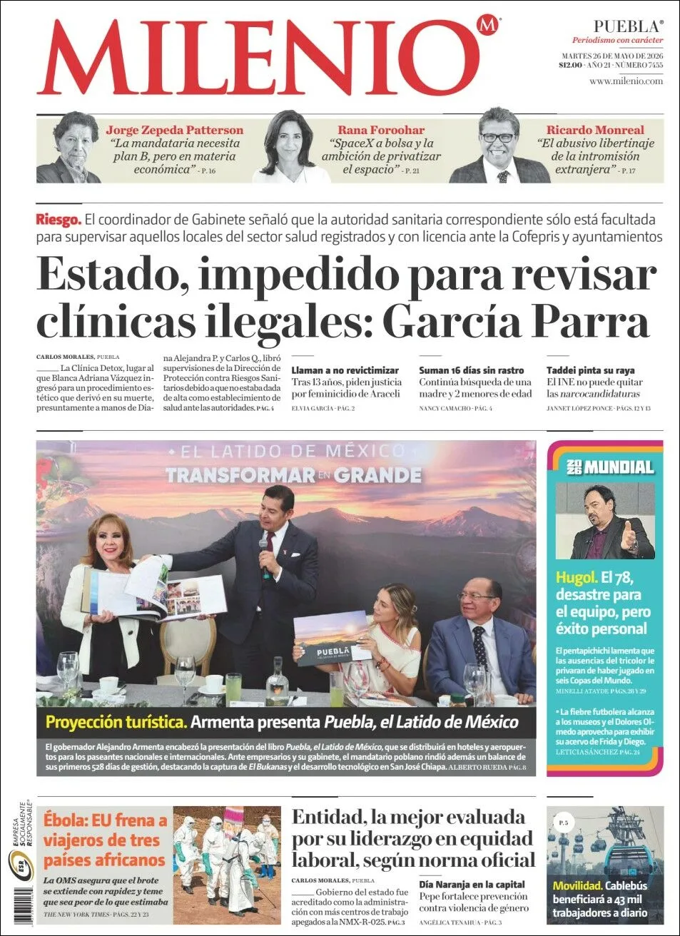 Portada de Milenio Puebla del martes, 26 de mayo de 2026