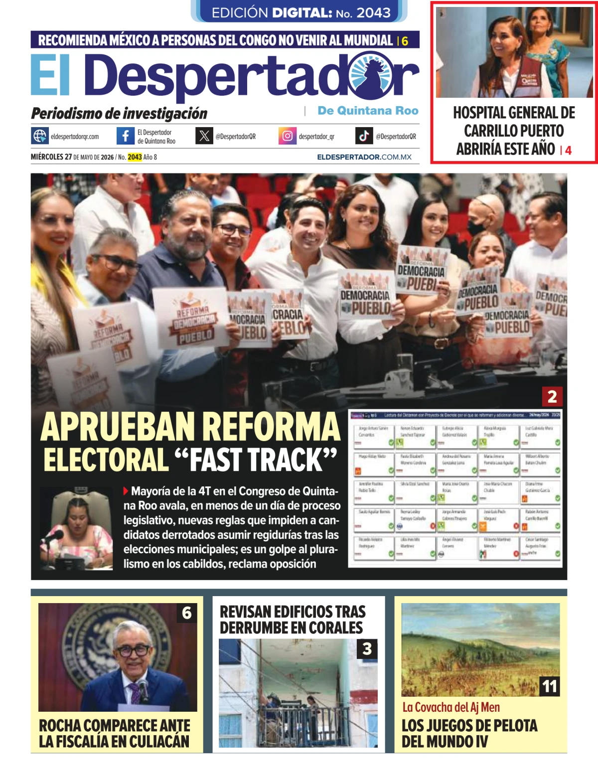 Portada de El Despertador de Quintana Roo del miércoles, 27 de mayo de 2026