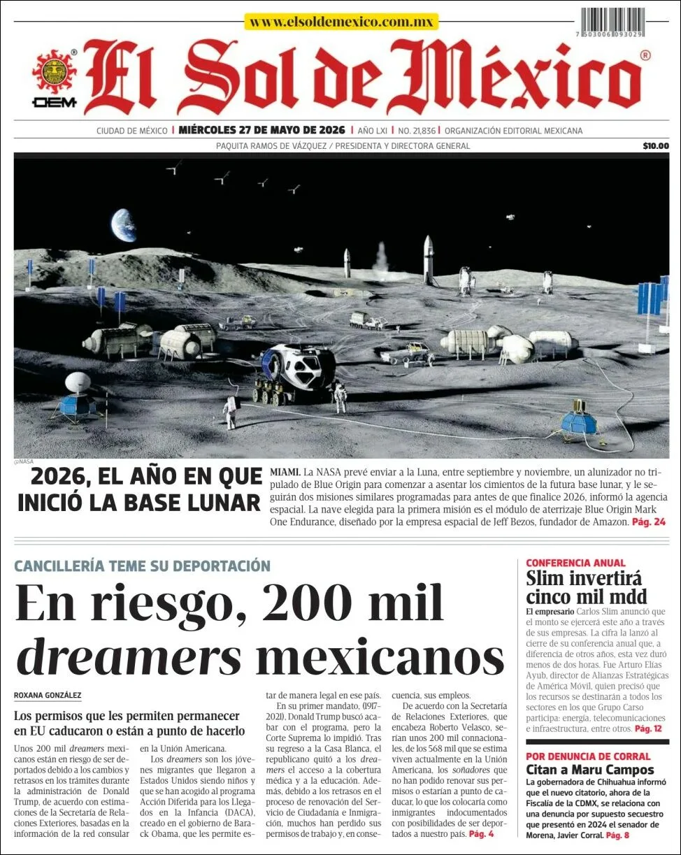 Portada de El Sol de Mexico del miércoles, 27 de mayo de 2026