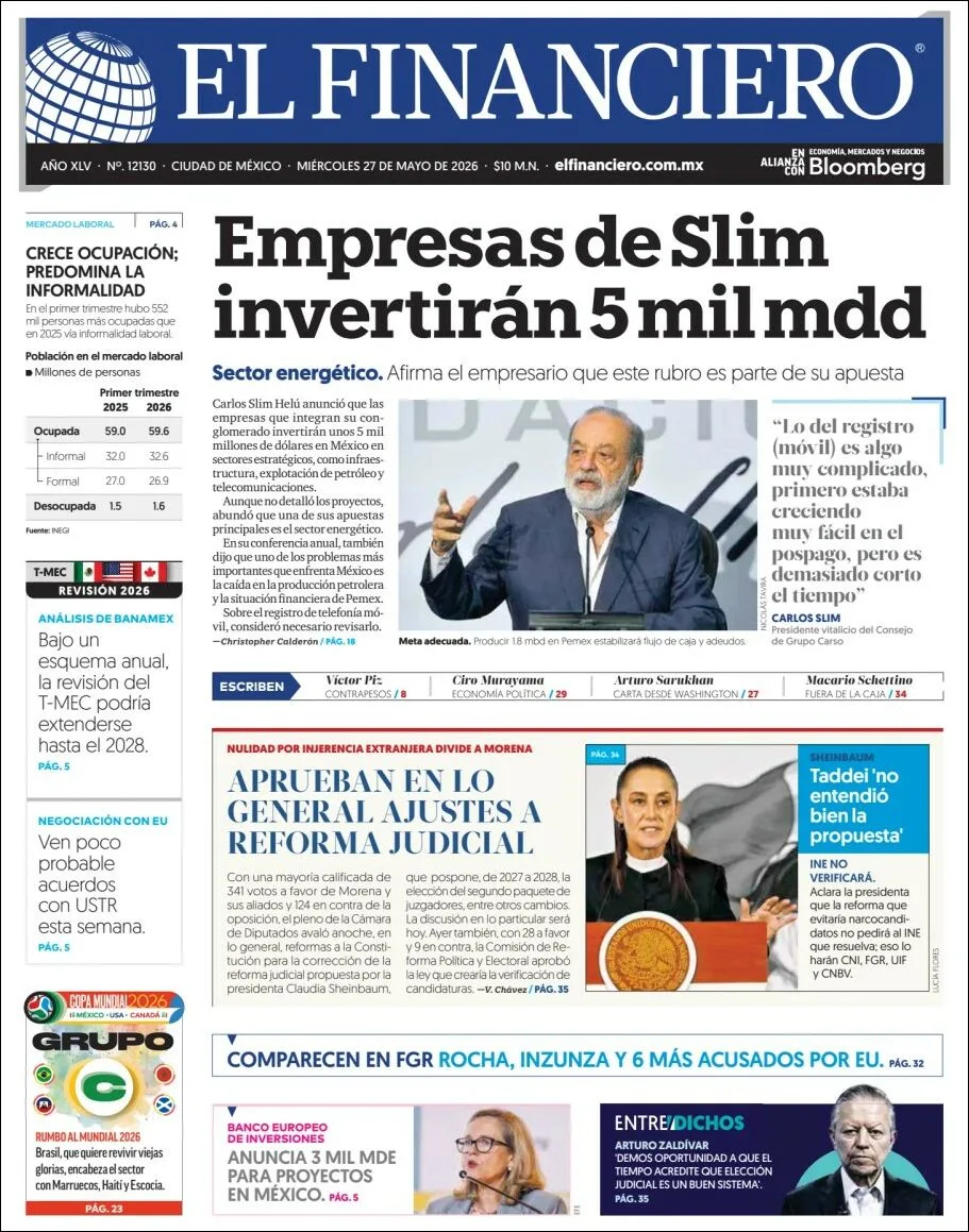 Portada de El Financiero del miércoles, 27 de mayo de 2026
