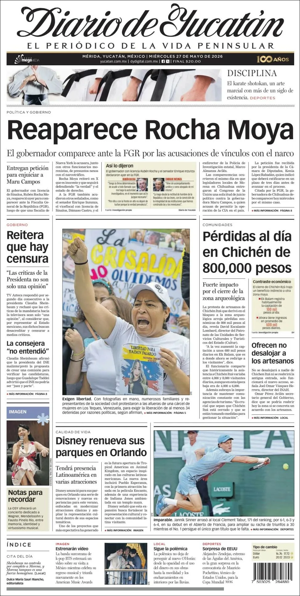Portada de Diario de Yucatán del miércoles, 27 de mayo de 2026