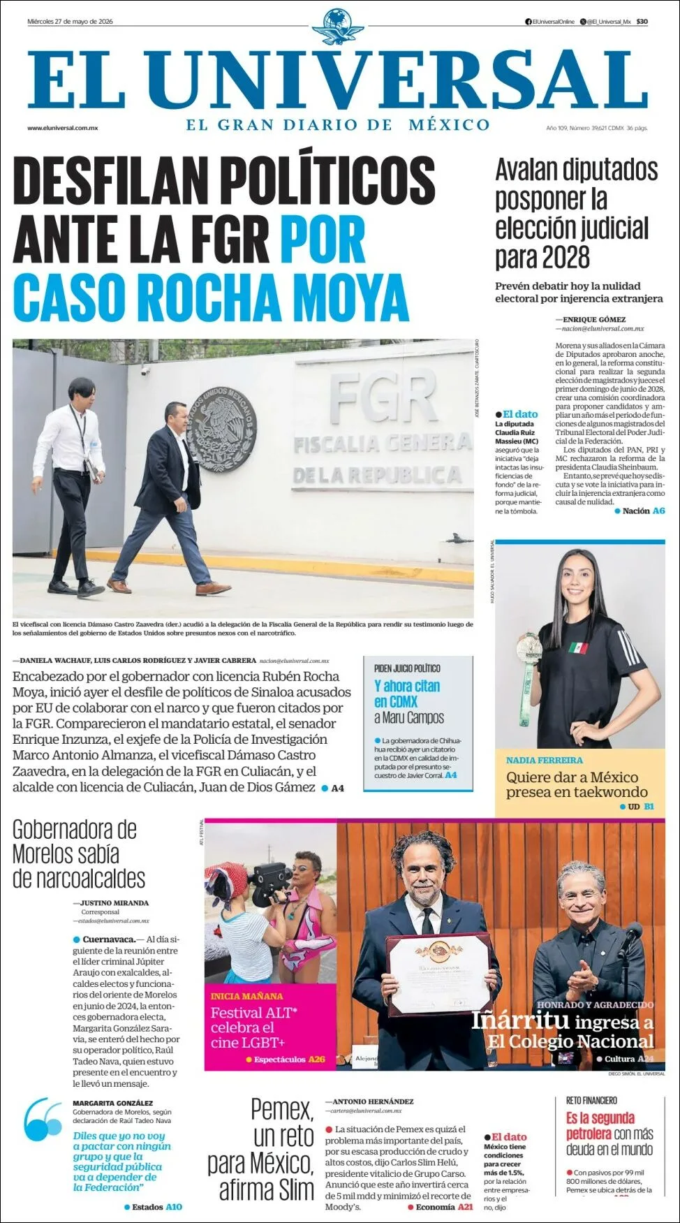 Portada de El Universal del miércoles, 27 de mayo de 2026