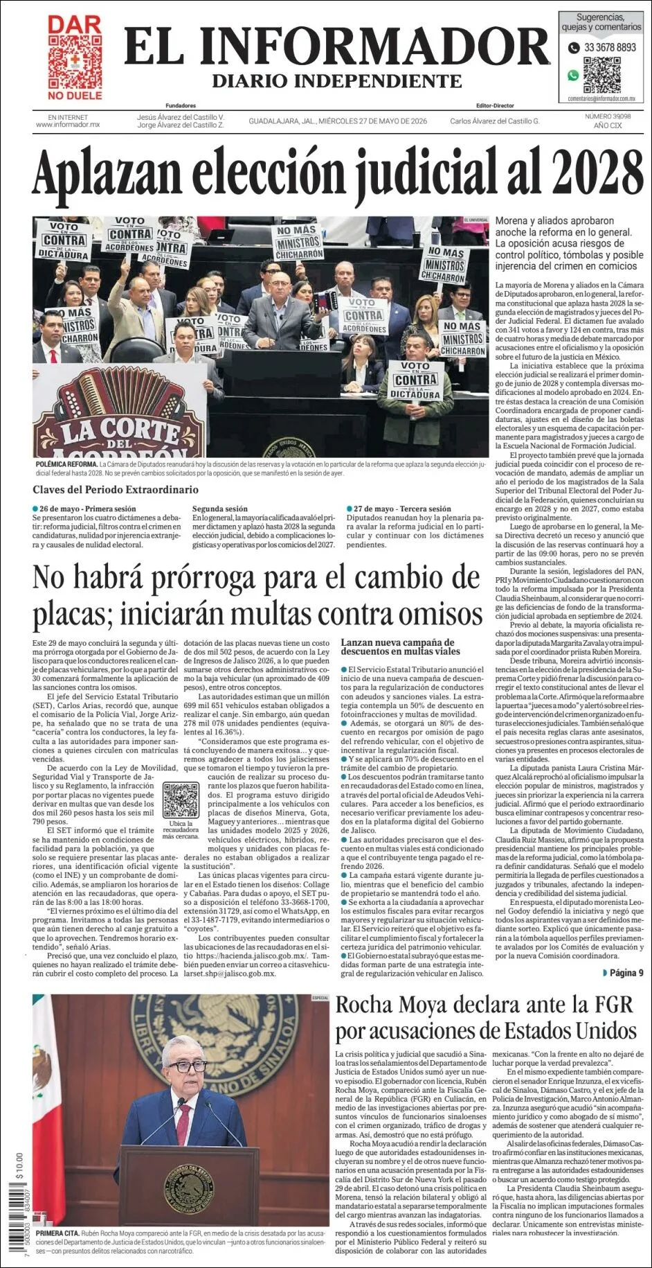 Portada de El Informador del miércoles, 27 de mayo de 2026