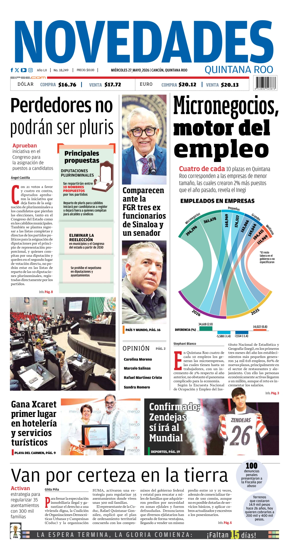 Portada de Novedades Quintana Roo del miércoles, 27 de mayo de 2026