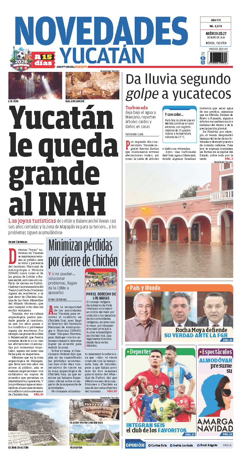 Portada de Novedades Yucatan del miércoles, 27 de mayo de 2026