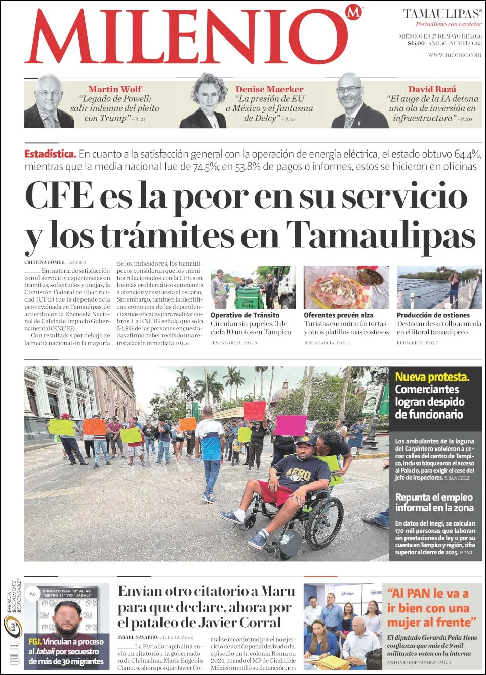 Portada de Milenio Tamaulipas del miércoles, 27 de mayo de 2026