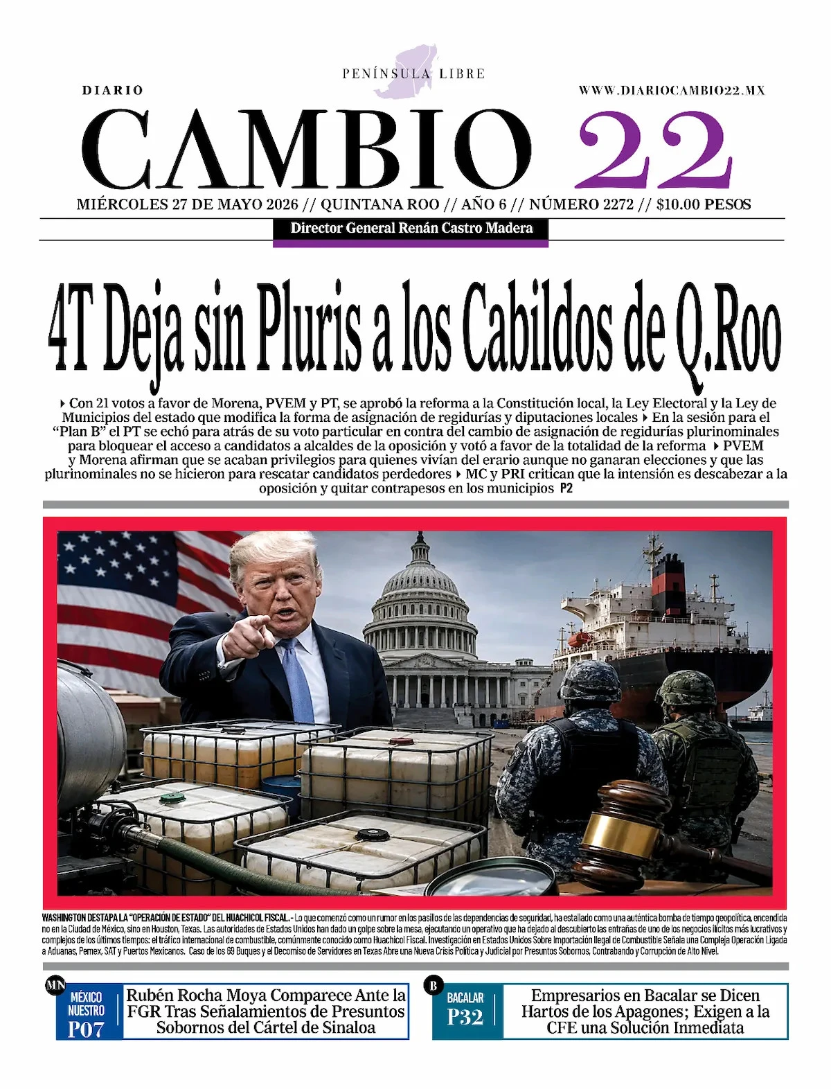 Portada de Diario Cambio 22 (portada) del miércoles, 27 de mayo de 2026