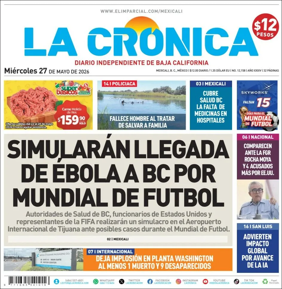 Portada de La Cronica del miércoles, 27 de mayo de 2026
