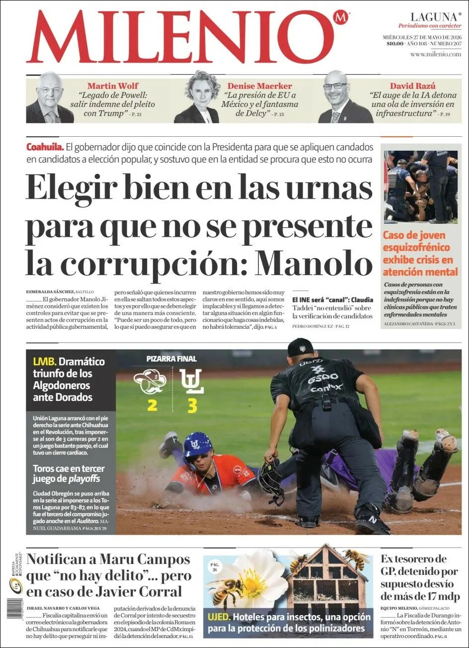 Portada de Milenio Laguna del miércoles, 27 de mayo de 2026