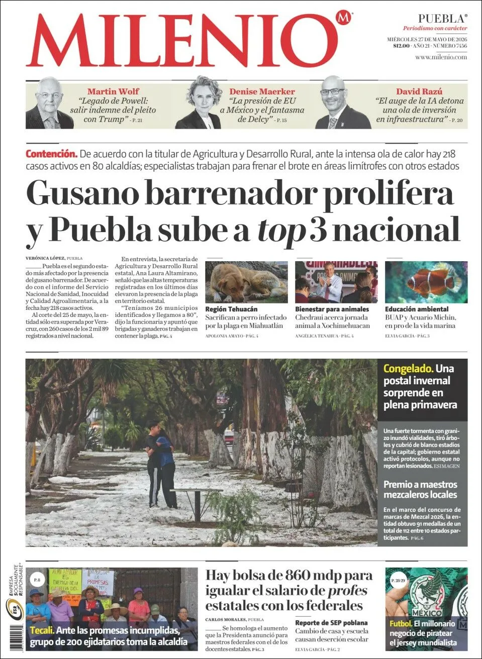 Portada de Milenio Puebla del miércoles, 27 de mayo de 2026