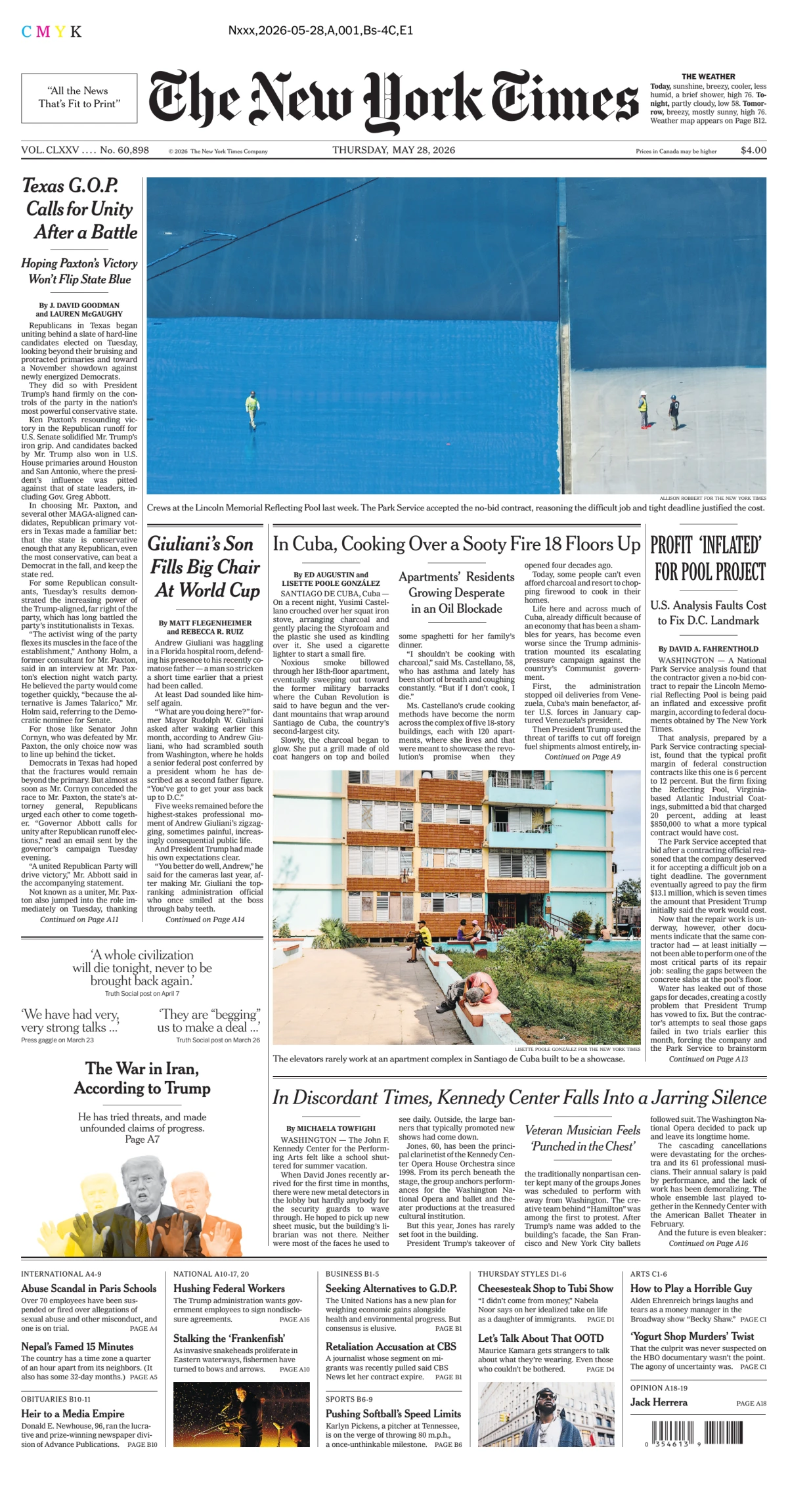Portada de The New York Times (new York) del jueves, 28 de mayo de 2026