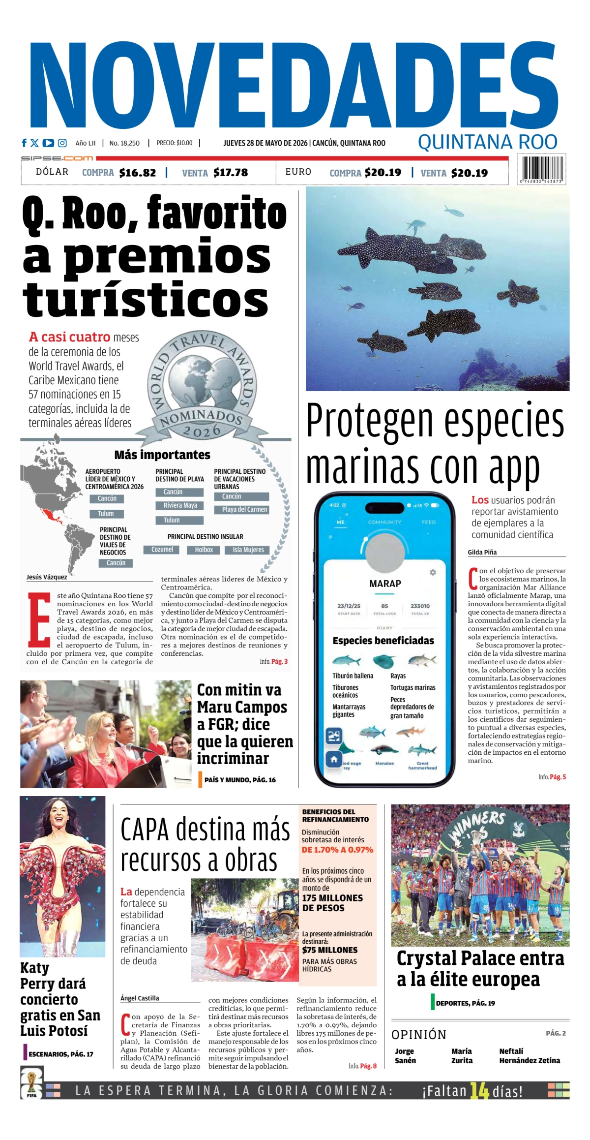 Portada de Novedades Quintana Roo del jueves, 28 de mayo de 2026