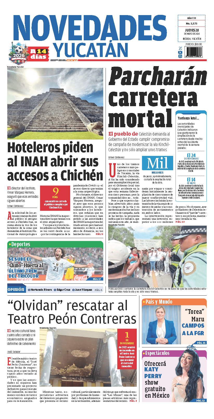 Portada de Novedades Yucatan del jueves, 28 de mayo de 2026