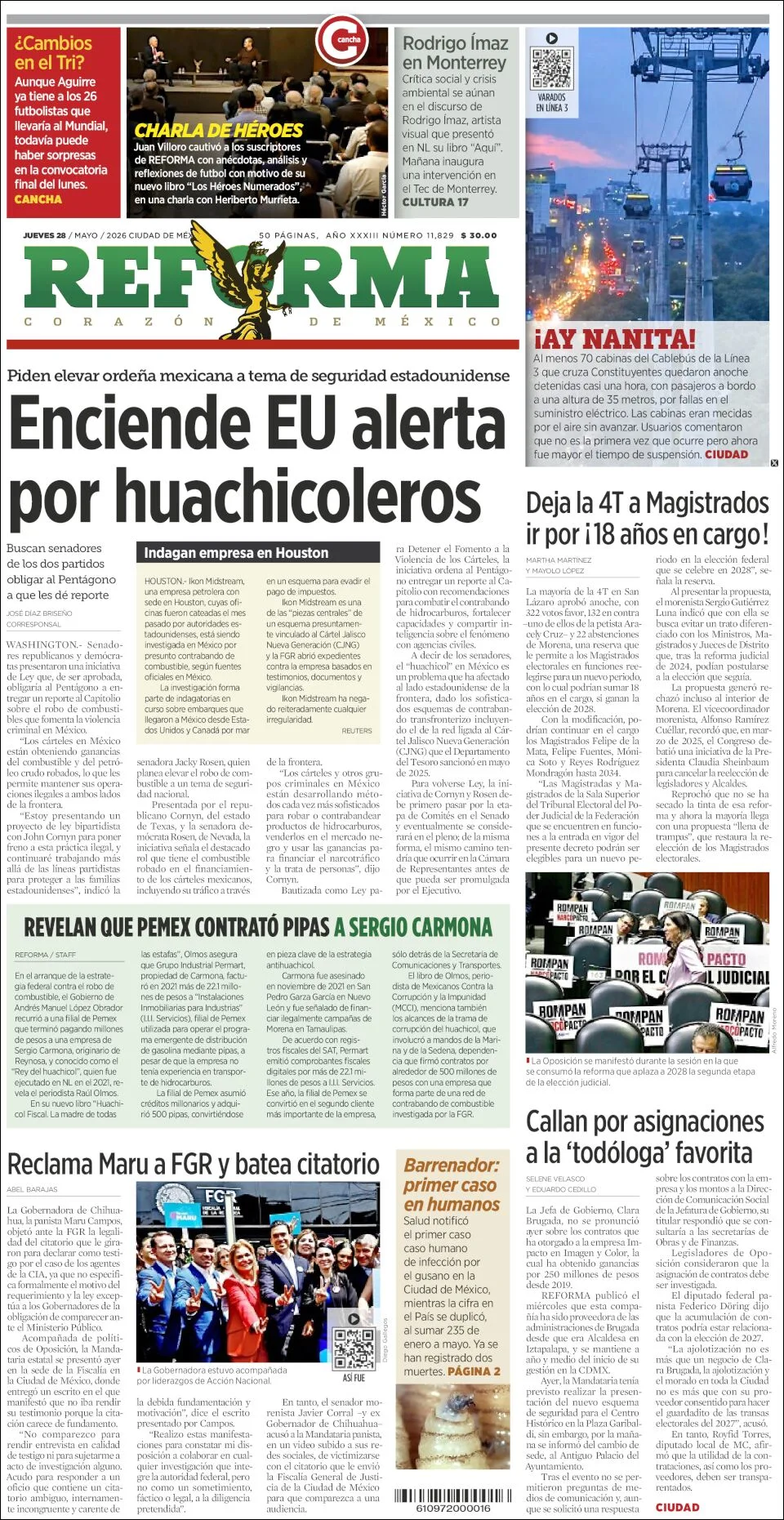 Portada de Reforma del jueves, 28 de mayo de 2026