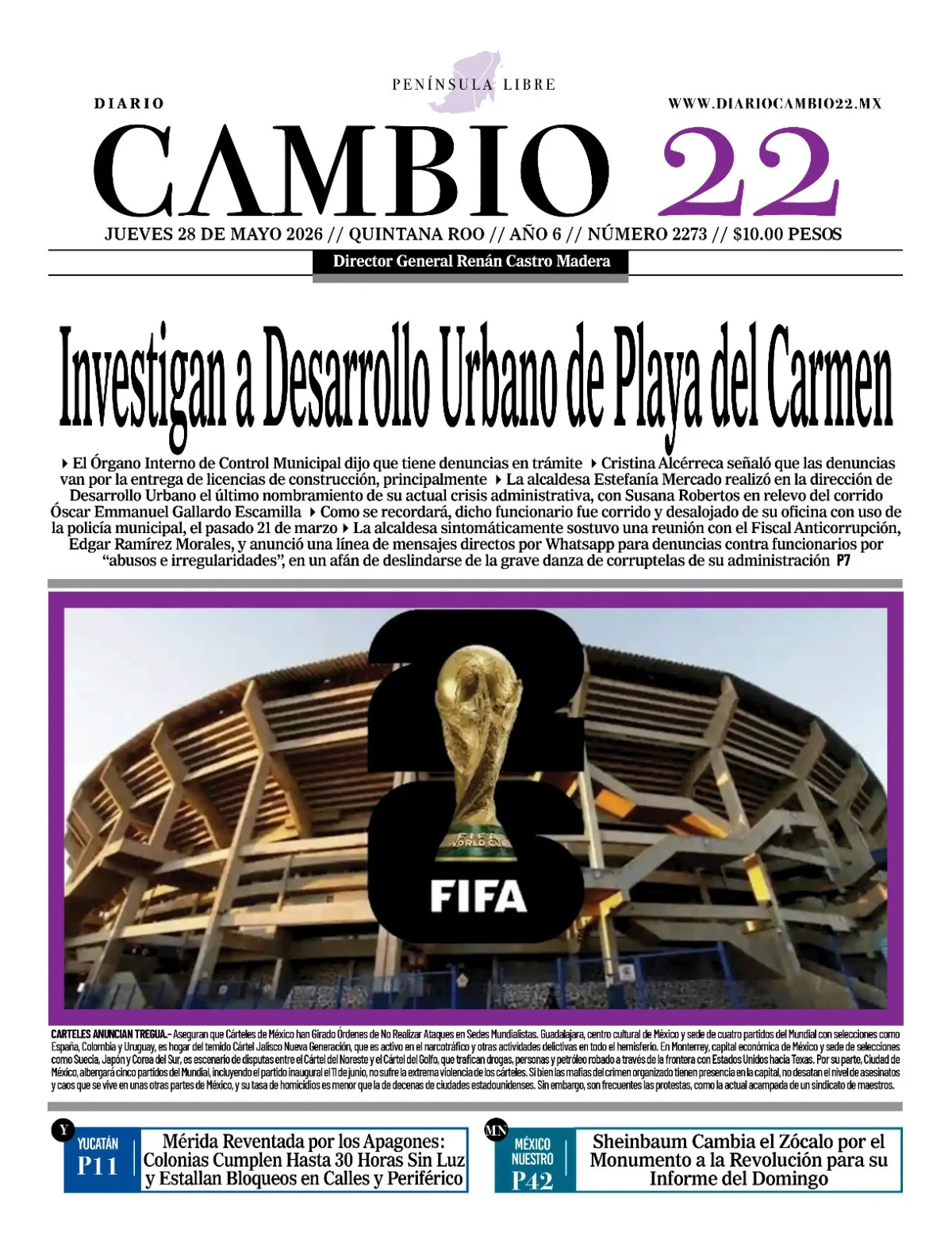 Portada de Diario Cambio 22 (contraportada) del jueves, 28 de mayo de 2026