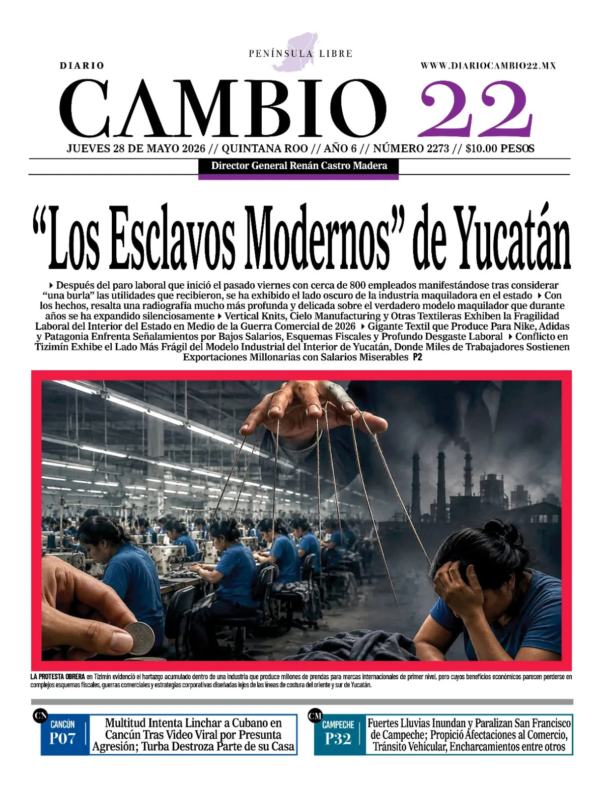 Portada de Diario Cambio 22 (portada) del jueves, 28 de mayo de 2026