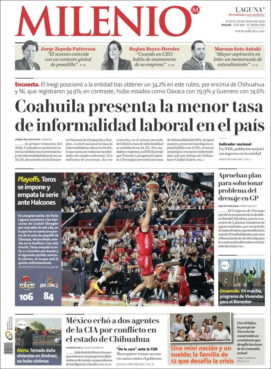 Portada de Milenio Laguna del jueves, 28 de mayo de 2026