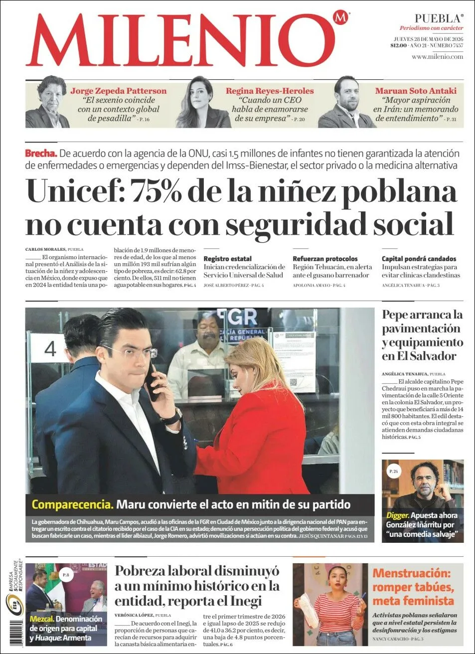Portada de Milenio Puebla del jueves, 28 de mayo de 2026